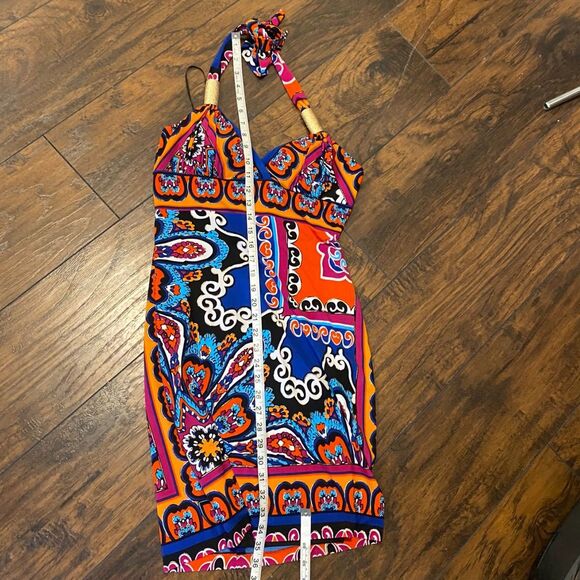 Y2K Cache size 6 Halter Colorful Loud Print with Gold Accents Summer Mini Dress - Picture 8 of 8